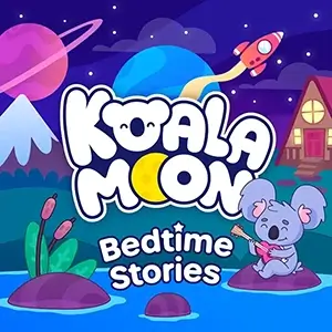 Koala moon podcast cover image. Bubble letters saying Koala moon bedtime stories. There is a small cartoon drawing of a koala playing the guitar in the corner.