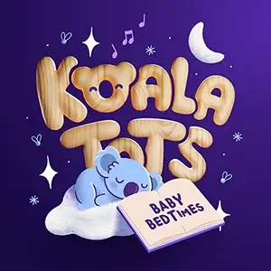 Koala Tots podcast cover image. Wooden effect text on a dark purple background with a sleeping koala and night sky stars.